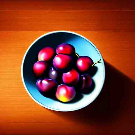 concept art drawing of a single thick porcelain bowl filled with a few moist freshly picked plums on a wooden table. volumetric lighting. small scale. artistic. top down. 