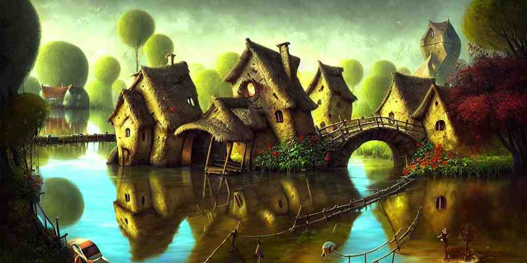  amazing detailed village with a river, water, reflection, stone bridge, art by Yohann Schepacz, art by Gediminas Pranckevicius, art by Esao Andrews