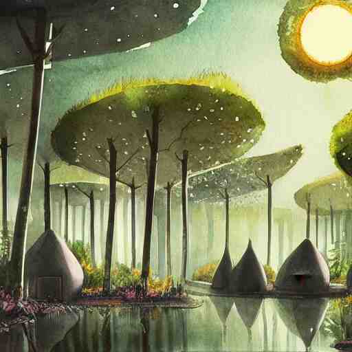 beautiful happy picturesque charming organic sci - fi town with pod homes integrated in a forest area. water and trees. beautiful light. soft colour scheme. beautiful artistic detailed watercolor by lurid. ( 2 0 2 2 ) 