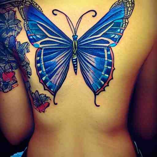 tattoo design, stencil, traditional, big blue diabetes ribbon transforming into a butterfly, upper body, by artgerm, artgerm, digital art