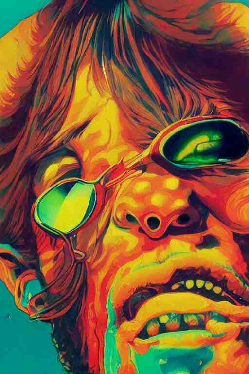 a colorful vibrant closeup portrait of Aerosmith licking a tab of LSD acid on his tongue and dreaming psychedelic hallucinations, by kawase hasui, moebius, Edward Hopper and James Gilleard, Zdzislaw Beksinski, Steven Outram colorful flat surreal design, hd, 8k, artstation