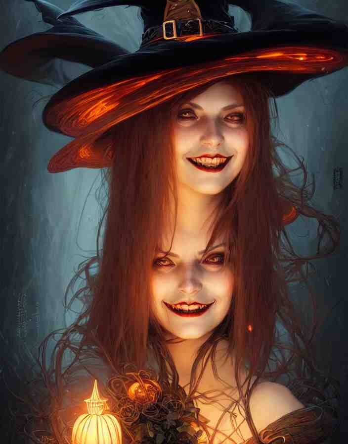 halloween witch woman in a hat smiles, fantasy magic, undercut hairstyle, dark light night, intricate, elegant, sharp focus, illustration, highly detailed, digital painting, concept art, matte, art by wlop and artgerm and greg rutkowski and alphonse mucha, masterpiece 