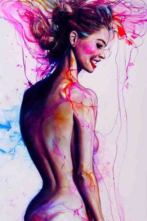 sexy lacivious shy smiling sophia vergara by agnes cecile enki bilal moebius, intricated details, 3 / 4 back view, hair styled in a bun, bend over posture, full body portrait, extremely luminous bright design, pastel colours, drips, autumn lights 