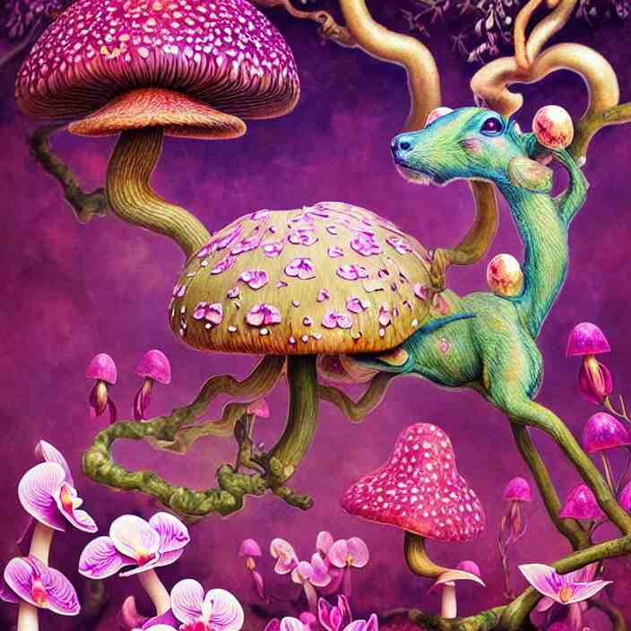 extremely psychedelic animal made of orchid and cherry blossom tree and mushroom, LSD, diffuse lighting, fantasy, intricate, elegant, highly detailed, lifelike, photorealistic, digital painting, artstation, illustration, concept art, smooth, sharp focus, art by John Collier and Albert Aublet and Krenz Cushart and Artem Demura and Alphonse Mucha