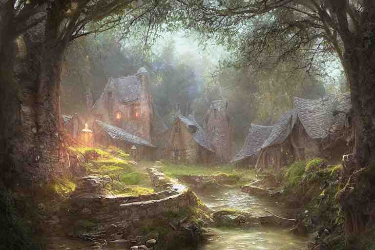 a medieval village with a stream in a forested valley by jessica rossier and brian froud cinematic painting 