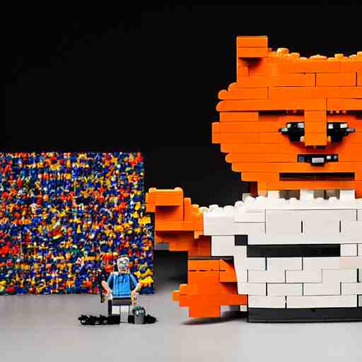 1 0, 0 0 0 piece lego sculpture by a master builder of a smiling orange cat with a big head and white face walking upright, scratch. mit. edu, product photography, studio lighting 