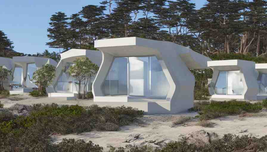 An architectural rending of an eco-community neighborhood of innovative contemporary 3D printed sea ranch style cabins with rounded corners and angles, beveled edges, made of cement and concrete, organic architecture, on the California coastline with side walks, parks and public space , Designed by Gucci and Wes Anderson, golden hour