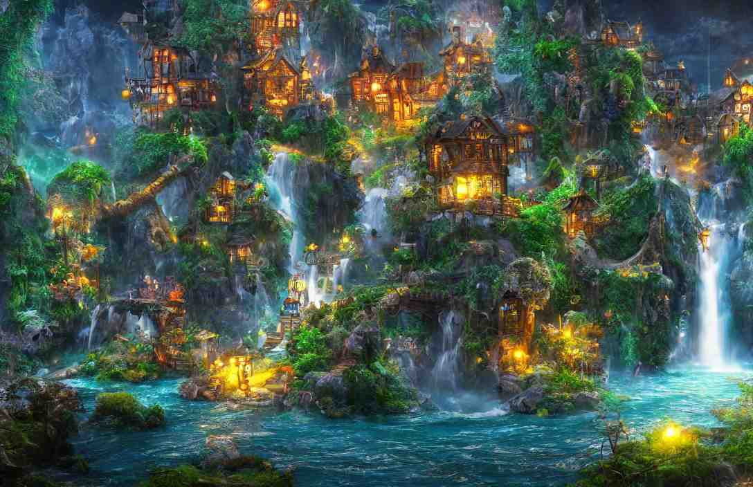 magical fantasy town, background : giant bioluminscent waterfall, quaint vibes, epic fantasy, ultra hd render + 4 k uhd + immense detail + very crisp and clear image 