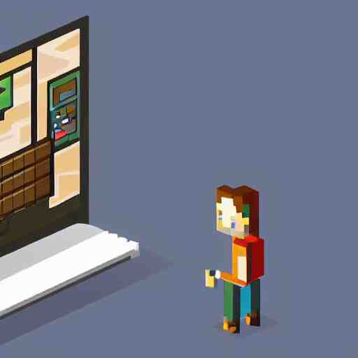 a bald hipster with headphones and a laptop, isometric pixelart, sprite, pixelart!! 