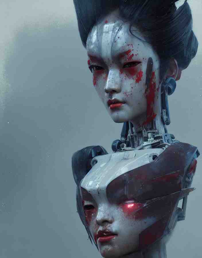 portrait of a geisha robot by greg rutkowski and ruan jia, mecha, washed colors, dark, gloomy, matte painting, unreal engine 5