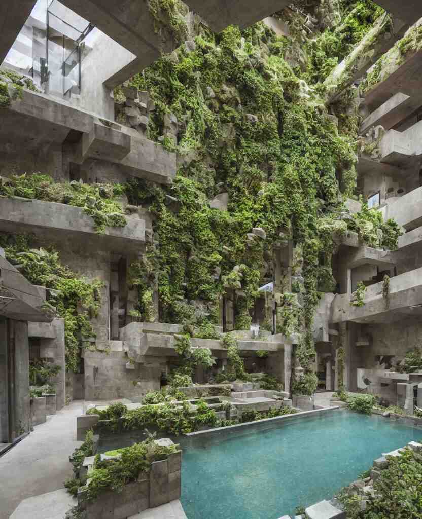 a stunning interior of a split - level villa with a swimming pool, intricately stacked and iteratively interlocked stone blocks in the style of ennis house, extremely coherent, fusion of frank lloyd wright and carlo scarpa, people are sitting at a table eating dinner, plants and moss and ivy growing on the stones, indoor picture, long shot, architectural photography 