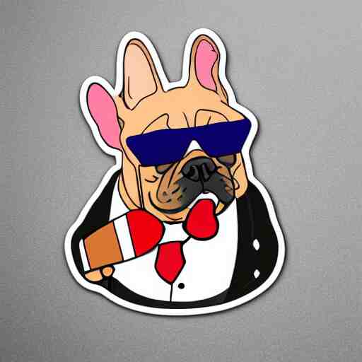 sticker art of a french bulldog in a suit eating a candy bar with a fork and knife at a fancy restaurant by ed roth 