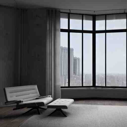 brutalist penthouse open living room, big windows, showing city landscape on background, minimalist architecture, minimalist furniture, octane render, high quality, 8 k, post production 