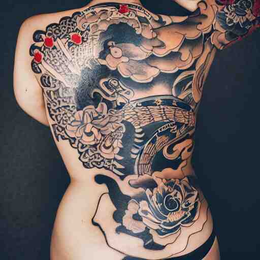 photography of the back of a woman with an detailed irezumi tatto representing a tiger with flowers, mid-shot, editorial photography