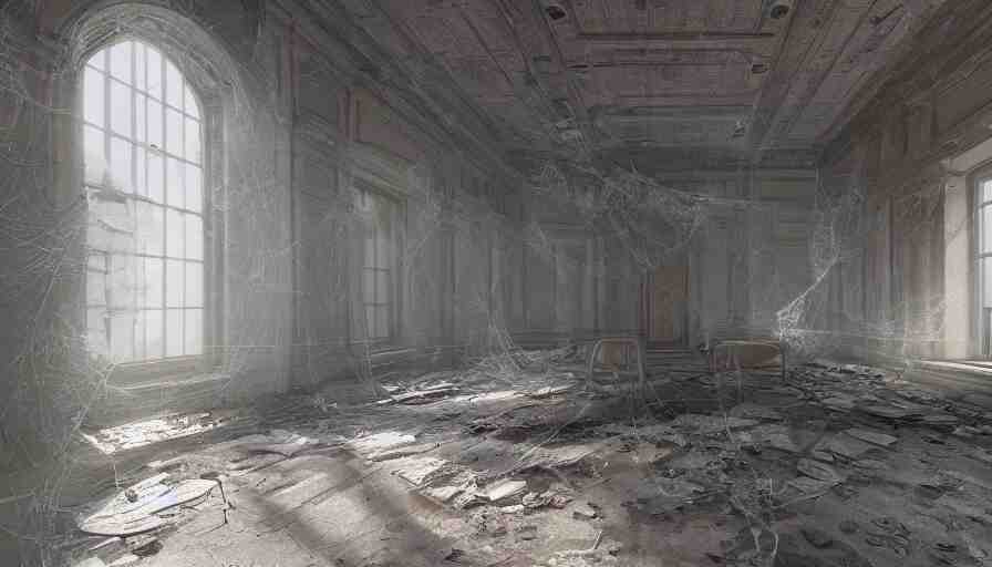 abandoned capitol with cobwebs, dusty dirty floor, collapsed ceiling, flying dust particles, light through, hyperdetailed, artstation, cgsociety, 8 k 