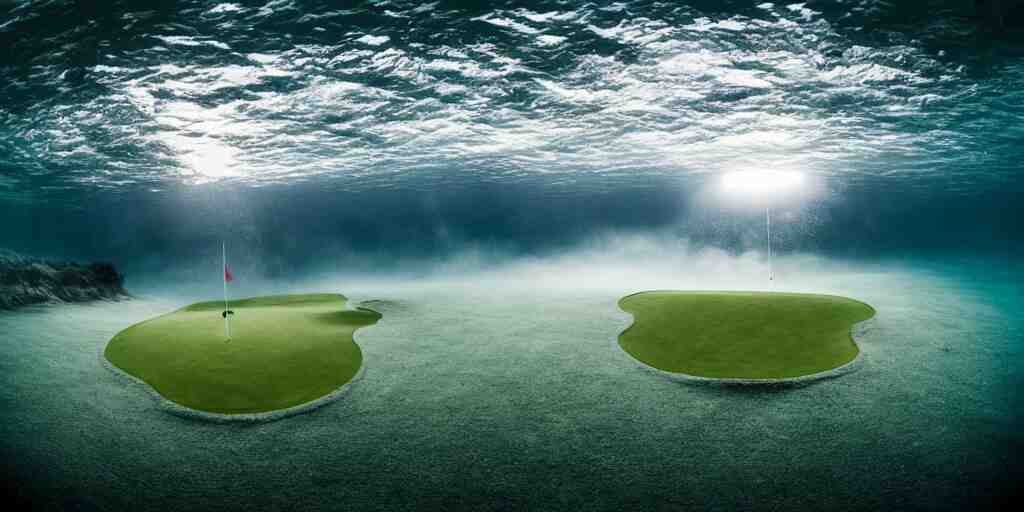 a great photograph of the most amazing golf hole in the world under water, fish everywhere, perfect light, ambient light, 5 0 mm, golf digest, top 1 0 0, fog 