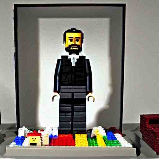 the philosopher Edmund Husserl, made out of Legos, standing in his home office, photo realistic