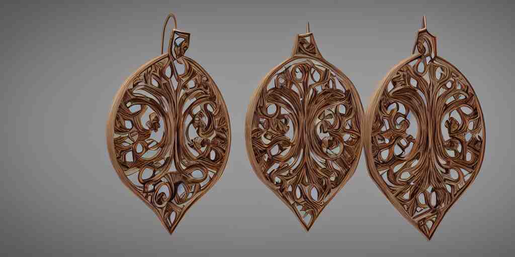 earring design, jewelry design, wood, nordic, art deco, intricate, elegant, material, product design, trending on artstation, cgsociety, photo realistic, design by ziva cph and isabel lennse and kalevala, 8 k, unreal engine, c 4 d 