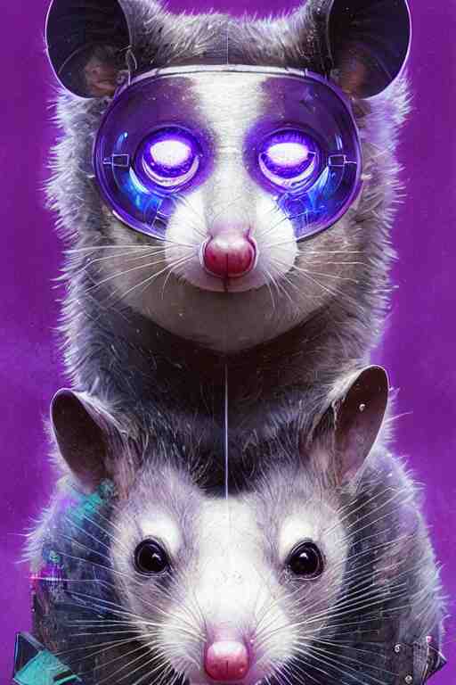 a beautiful portrait of a cute cyberpunk opossum by sandra chevrier and greg rutkowski and wlop, purple blue color scheme, high key lighting, volumetric light, digital art, highly detailed, fine detail, intricate, ornate, complex, octane render, unreal engine, photorealistic 