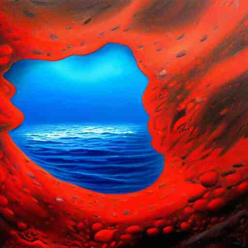 A gorgeous detailed oil painting of a red sea covered in big blue rocks, the further away the mistier it gets, dark aesthetic, atmospheric, moody, highly detailed, masterpiece, award winning, 4k