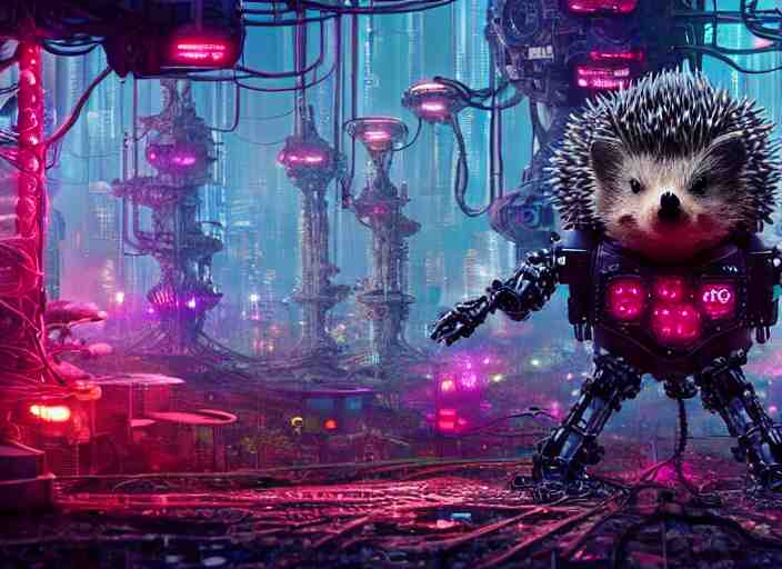  giant intricate mechanical hedgehog with cybernetic enhancements and visible gears and fiber optics, on the background of a weird magical mechanical forest. Very detailed 8k. Fantasy cyberpunk horror. Sharp. Cinematic post-processing. Unreal engine. Nanite. Ray tracing. Parallax. Tessellation