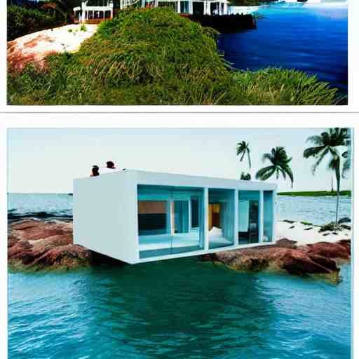 a house half submerged in the ocean. 