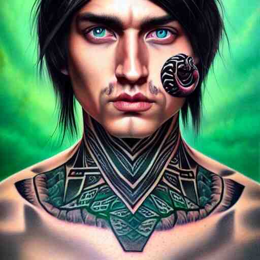 ultra realistic portrait painting of a perfect handsome man green eyes black and grey hair, neck tribal snake tattoo,  painted by Tristan Eaton Stanley Artgerm and Tom Bagshaw