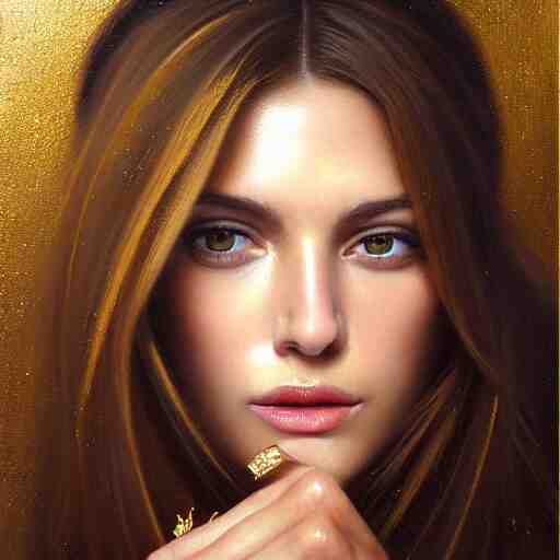 Facial portrait of a gorgeous girl, looking away from the camera, seductive smile, heavy gold jewellery, gold and diamond necklaces, elegant revealing intricate dress, sparkle in eyes, lips slightly parted, long flowing hair, no hands visible, delicate, teasing, arrogant, defiant, bored, mysterious, intricate, extremely detailed painting by Mark Brooks (and by Greg Rutkowski), visible brushstrokes, thick paint visible, no light reflecting off paint, vibrant colors, studio lighting