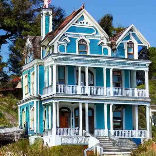 a victorian style 2 story house on top of a hill surrounded by an ocean full of sharks 