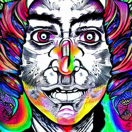 a psychedelic godlike humanoid, hyper detailed, in the style of rutkowski and junji ito and bob ross and lisa frank, selfie 