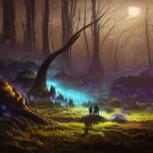 concept art painting of a fantasy alien fungal landscape at night, with glowing blue lights, glowing blue mushrooms, dark purple sky, realistic, detailed, cel shaded, in the style of makoto shinkai and greg rutkowski and albert bierstadt and james gurney 