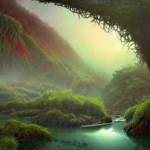 digital painting of a lush wet natural scene on an alien planet by gerald brom. digital render. detailed. beautiful landscape. colourful weird vegetation. 