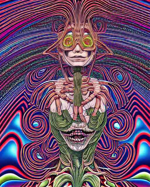 human body breaking away, conjuring psychedelic illustration, part by shintaro kago, part by alex gray, ultra realistic, highly detailed, 8 k, symmetry, fractals, grotesque, vibrant 