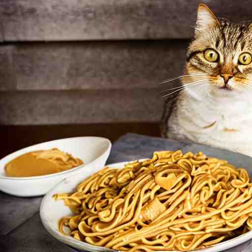 peanut butter and noodles on toast fat tabby cat watching over the food 