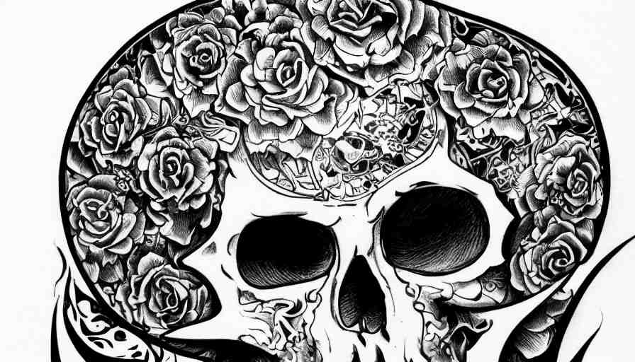 highly detailed skull, Japanese ornament, tattoo ink sketch, isolated on white background