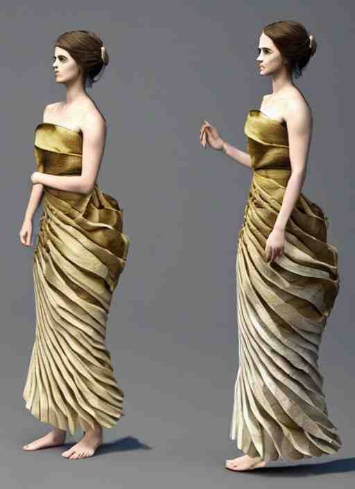 emma watson wearing finely pleated silk bihu mekhela strapless costume expertly draped goddess style dress by madeleine vionnet, assamese gamosa pattern, face by daz 3 d genesis and artgerm concept art 3 d octane render cinema 4 d v ray, unreal engine, hyper realistic hdr fabric textures, ray traced, bright lit cinematic studio fashion photography, real life like, daz iray shaders 