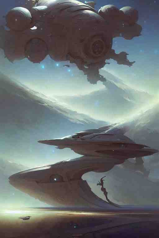 hyoerbolic starship concept design by peter mohrbacher and craig mullins and hiroshi yoshida and james jean and frank frazetta and michael whelan and andreas rocha 