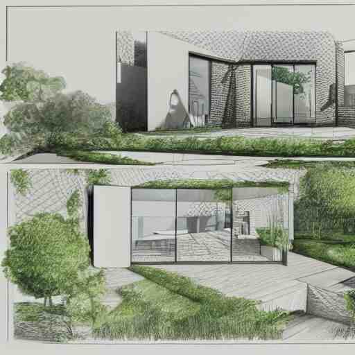 an architectural drawing of a modern house with a courtyard, detailed, lush, 