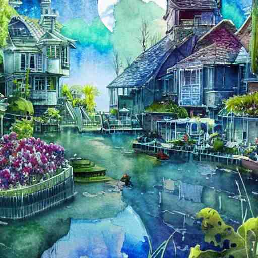 Beautiful happy picturesque charming sci-fi town in harmony with nature. Beautiful light. Water and plants. Nice colour scheme, soft warm colour. Beautiful detailed watercolor by Lurid. (2022)