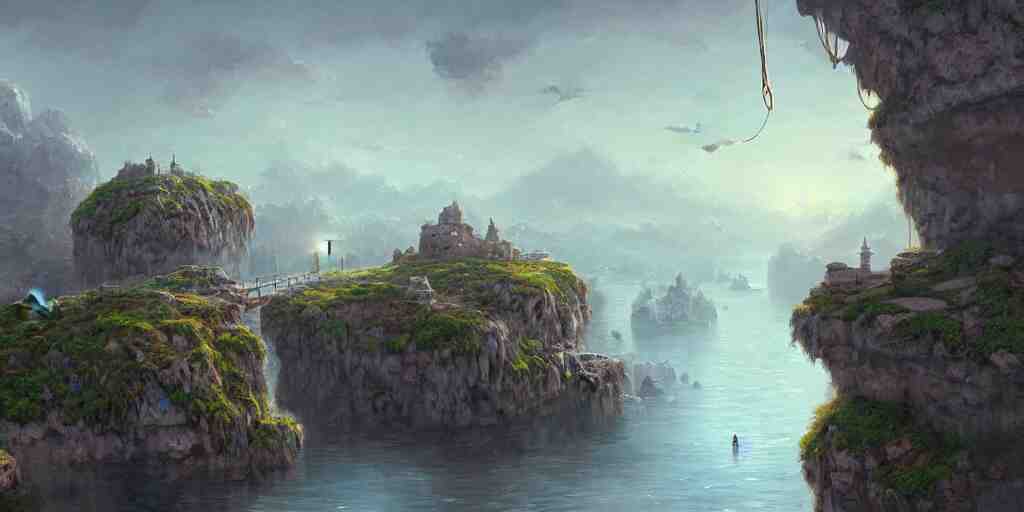 peaceful village built on floating rocks in the sky, rope bridges, birds in background, high fantasy, detailed, digital painting, realistic, landscape by jonathan berube 