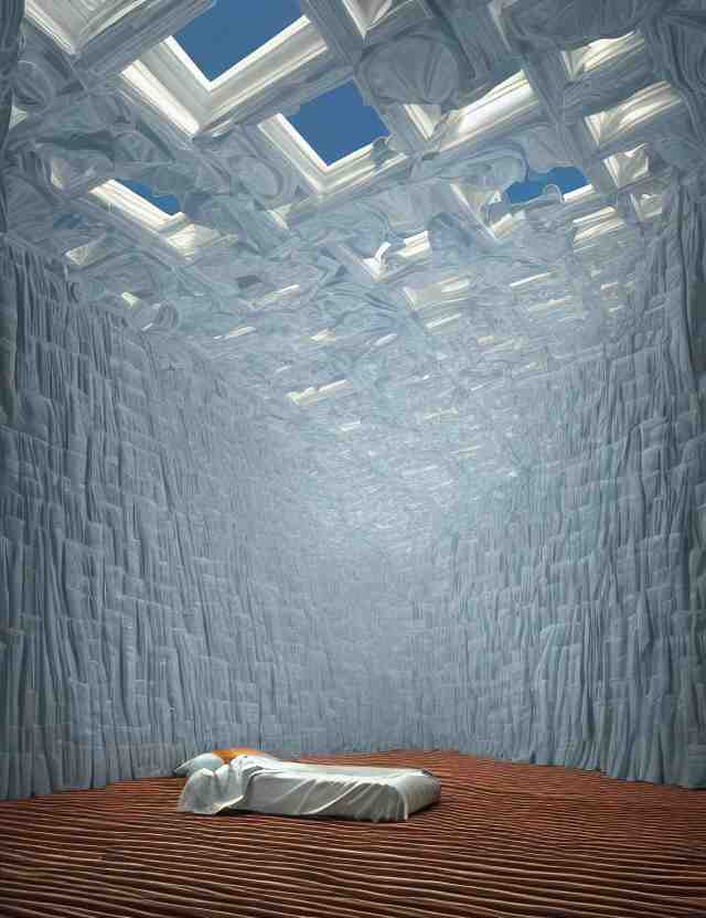 a photo of a bed floating above the floor in the middle of a giant tesselating room with windows opening to multiple dimensions by casey weldon by thomas blackshear, octane render, recursive, flowing, cascading, multiverse, labyrinthine 