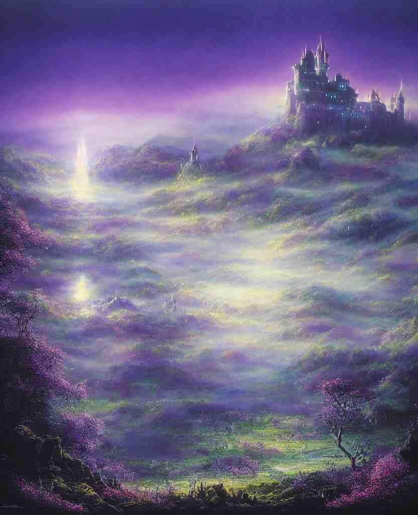 beautiful matte airbrush painting of a of a fantasy landscape with a european medieval castle made of light in the distance enveloped in trails of colorful animal ghosts floating around it, clear painting and good lighting, dark blue and intense purple color palette, mystical fog, art by gilbert williams, yoshitaka amano, high quality 