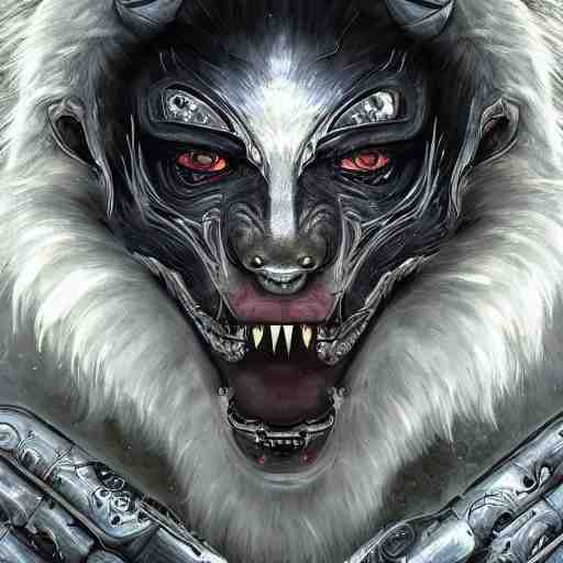 portrait painting of a cybernetic werewolf warrior with white fur and silver fangs wearing black power armor, ultra realistic, concept art, intricate details, eerie, highly detailed, photorealistic, octane render, 8 k, unreal engine. art by artgerm and greg rutkowski and alphonse mucha 