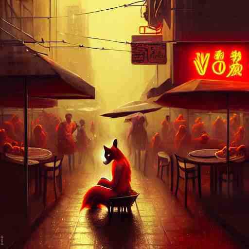 splash art of anthropomorphic female vulpes vulpes fulva woman sitting at a noodle stand eating noodles in the crowded street of a cyberpunk city, rain, harsh neon lighting, realistic, ultra detailed, by greg rutkowski, wlop, sakimichan, artgerm 