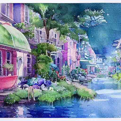 Beautiful happy picturesque charming sci-fi town in harmony with nature. Beautiful light. Water and plants. Nice colour scheme, soft warm colour. Beautiful detailed watercolor by Lurid. (2022)