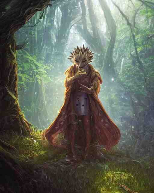 Hedgehog magus, gaia, nature, fairy, forest background, magic the gathering artwork, D&D, fantasy, cinematic lighting, centered, symmetrical, highly detailed, digital painting, artstation, concept art, smooth, sharp focus, illustration, volumetric lighting, epic Composition, 8k, art by Akihiko Yoshida and Greg Rutkowski and Craig Mullins, oil painting, cgsociety