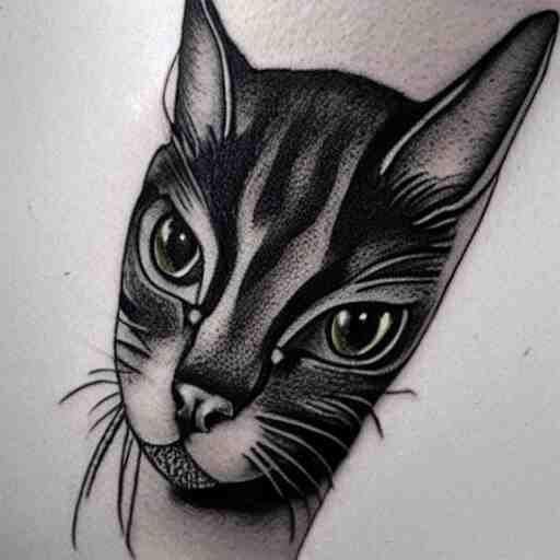 stick and poke tattoo of a cat, black and white tattoo, linework 