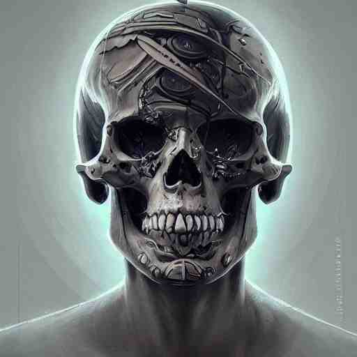 Cybernetic skull tattoo design, by Cedric Peyravernay, highly detailed, excellent composition, cinematic concept art, dramatic lighting, trending on ArtStation