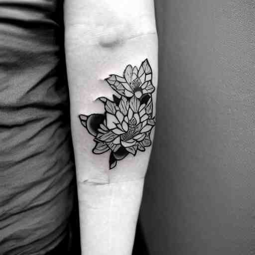 black and white tattoo, koi fish, japanese traditional style, camelia flowers, stylized, 