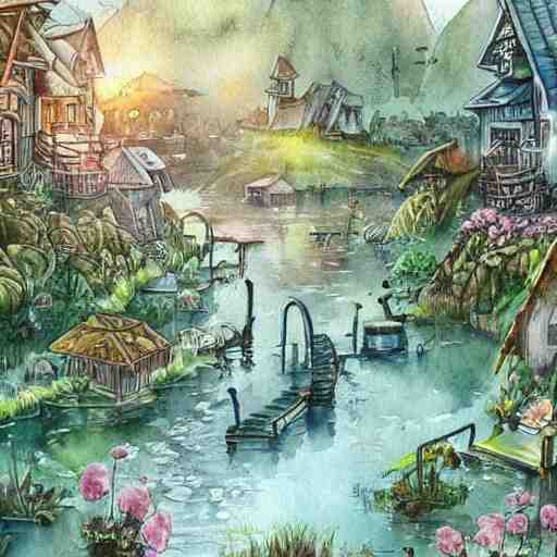 Beautiful happy picturesque charming sci-fi village in harmony with nature. Beautiful light. Water and plants. Nice colour scheme, soft warm colour. Beautiful detailed watercolor by Lurid. (2022)